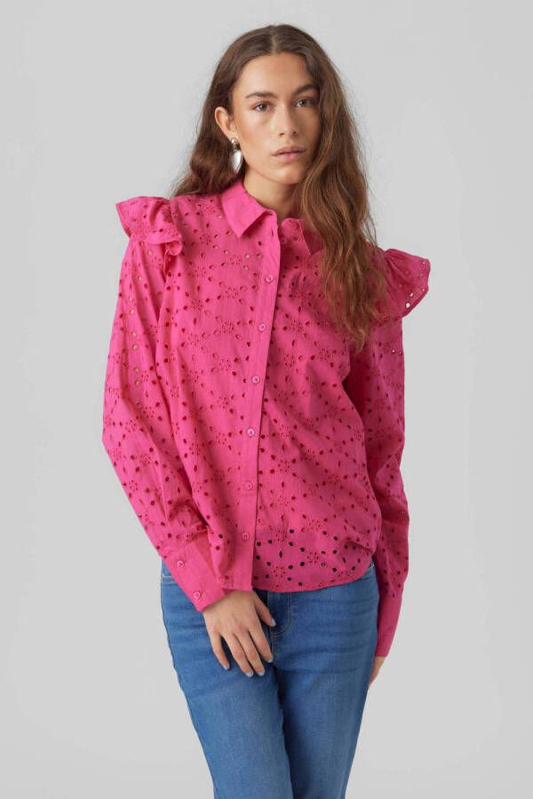 VERO MODA geweven blouse VMISABEL met ruches met broderie roze