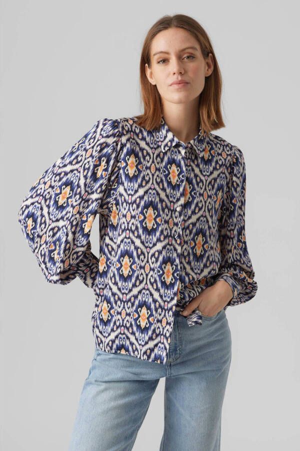 VERO MODA geweven blouse VMSIFA met all over print en plooien donkerblauw ecru oranje