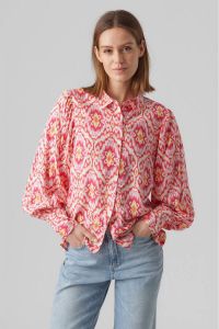 VERO MODA geweven blouse VMSIFA met all over print en plooien roze ecru oranje