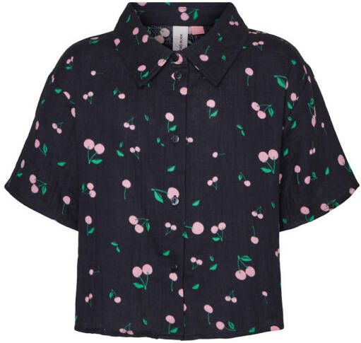 VERO MODA GIRL blouse VMNATALI met fruitprint donkerblauw roze groen Meisjes Katoen Klassieke kraag 116