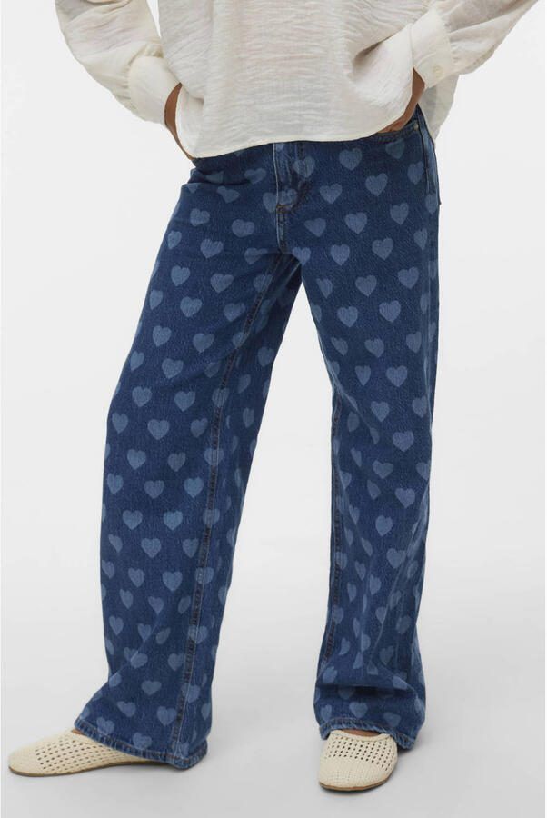 VERO MODA GIRL high waist wide leg jeans met hartjes medium blue denim