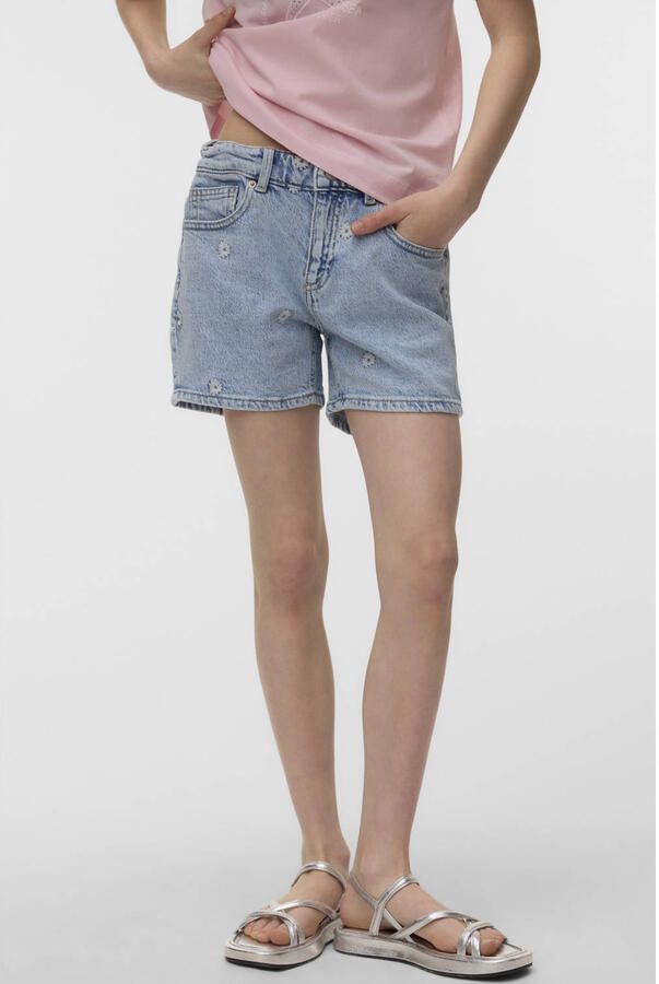 VERO MODA GIRL regular waist gebloemde short light blue denim