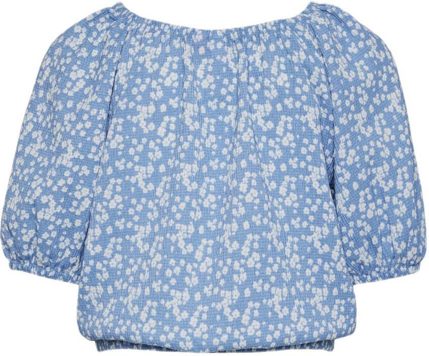 VERO MODA GIRL top met all over print en textuur blauw wit Meisjes Polyester Boothals 134 140