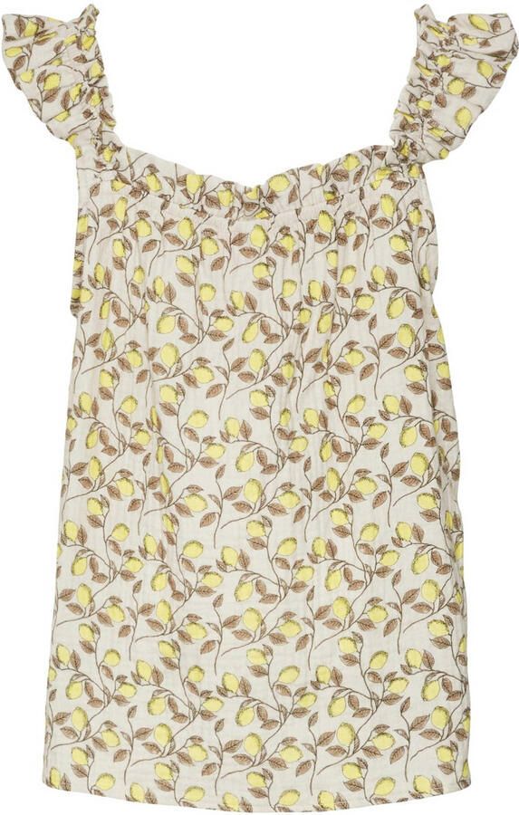 VERO MODA GIRL top VMNATALI met all over print en ruches geel wit bruin Blouse Meisjes Sweat Ronde hals 116