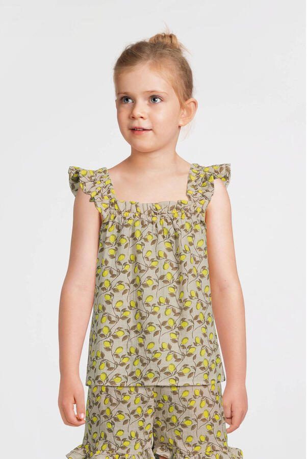 VERO MODA GIRL top VMNATALI met all over print en ruches geel wit bruin Blouse Meisjes Sweat Ronde hals 116 - Foto 4