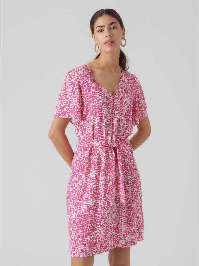 VERO MODA jurk VMULIPPA met all over print en ceintuur roze wit