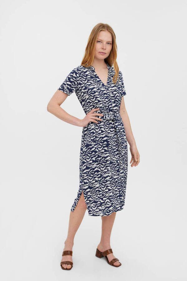 VERO MODA jurk VMVICA met all over print en ceintuur donkerblauw wit