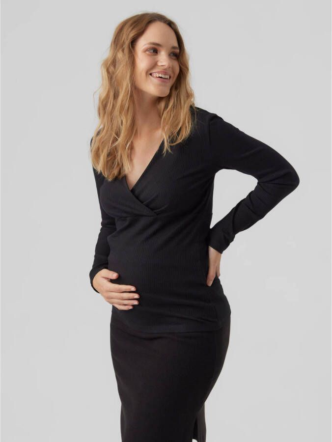 VERO MODA MATERNITY ribgebreide zwangerschaps- en voedingstop VMMLAVENDER zwart Dames Stretchkatoen V-hals XL - Foto 2
