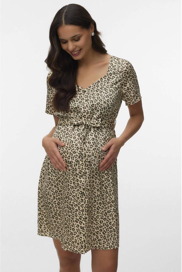 VERO MODA MATERNITY zwangerschaps- en voedings wikkel- overslagjurk met panterprint bruin