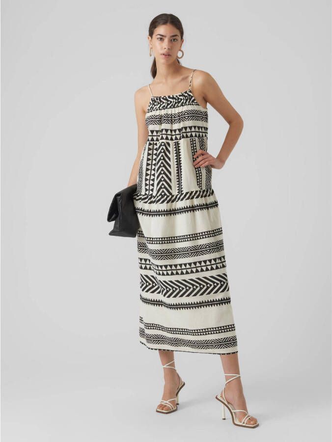 VERO MODA maxi jurk VMDICTHE met all over print en plooien zwart wit