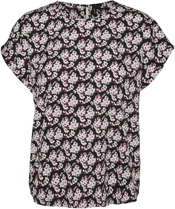 VERO MODA top VMFIONA met all over print zwart wit fuchsia