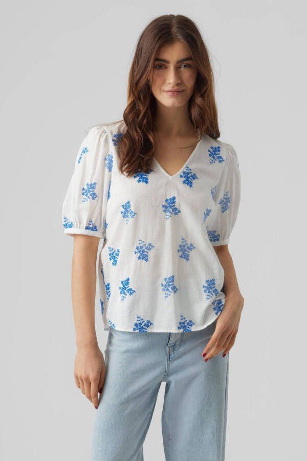 VERO MODA top VMURSULA met bladprint wit blauw