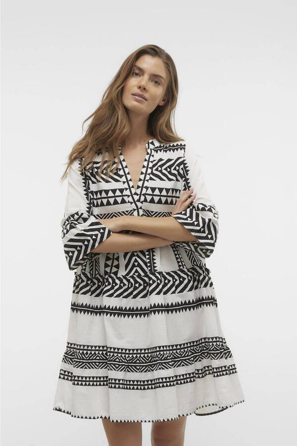 VERO MODA A-lijn jurk VMDICTHE met all over print en plooien zwart wit - Foto 3