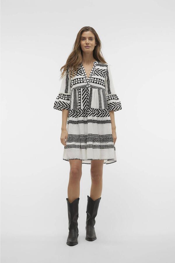 VERO MODA A-lijn jurk VMDICTHE met all over print en plooien zwart wit - Foto 2