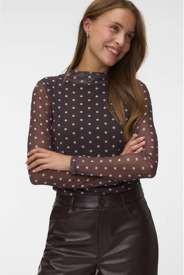VERO MODA x Wehkamp mesh top met stippen bruin