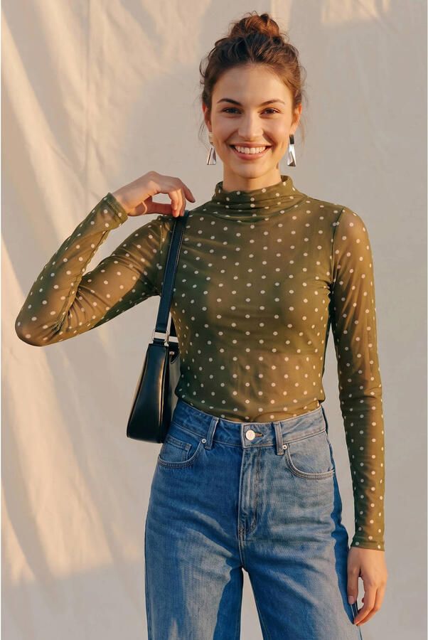 VERO MODA x Wehkamp mesh top met stippen groen - Foto 3