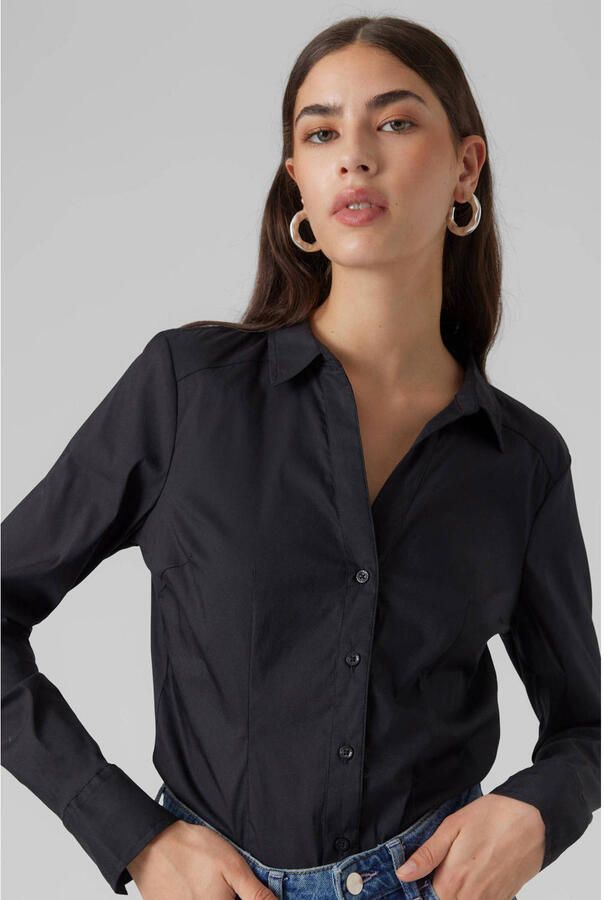 Vero Moda Zwarte V-hals Gekraagde Blouse Bodysuit Black Dames