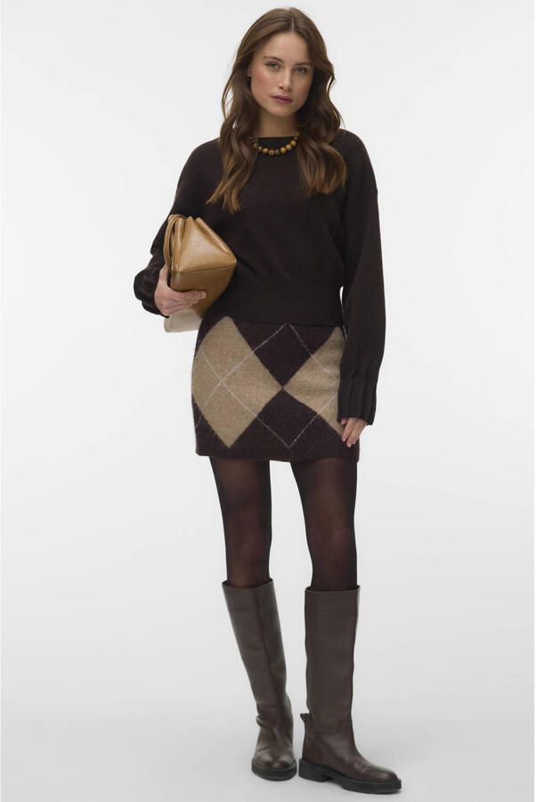 VERO MODA gebreide geruite korte rok bruin