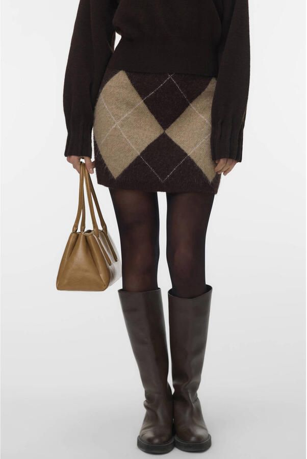 VERO MODA gebreide geruite korte rok bruin - Foto 2