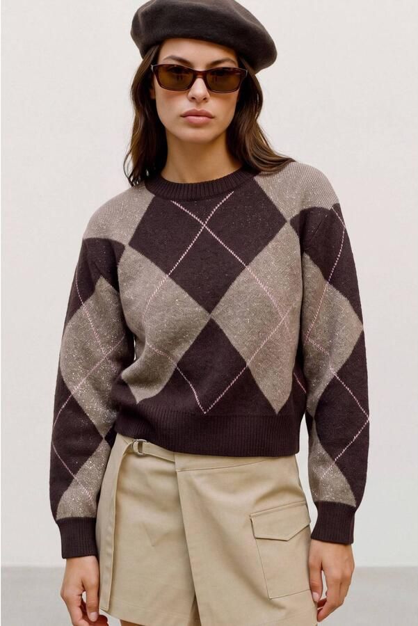 VERO MODA gebreide geruite trui met wol bruin beige