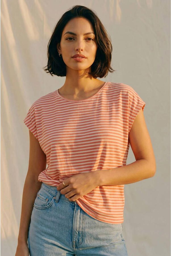VERO MODA gestreepte T-shirt koraalrood