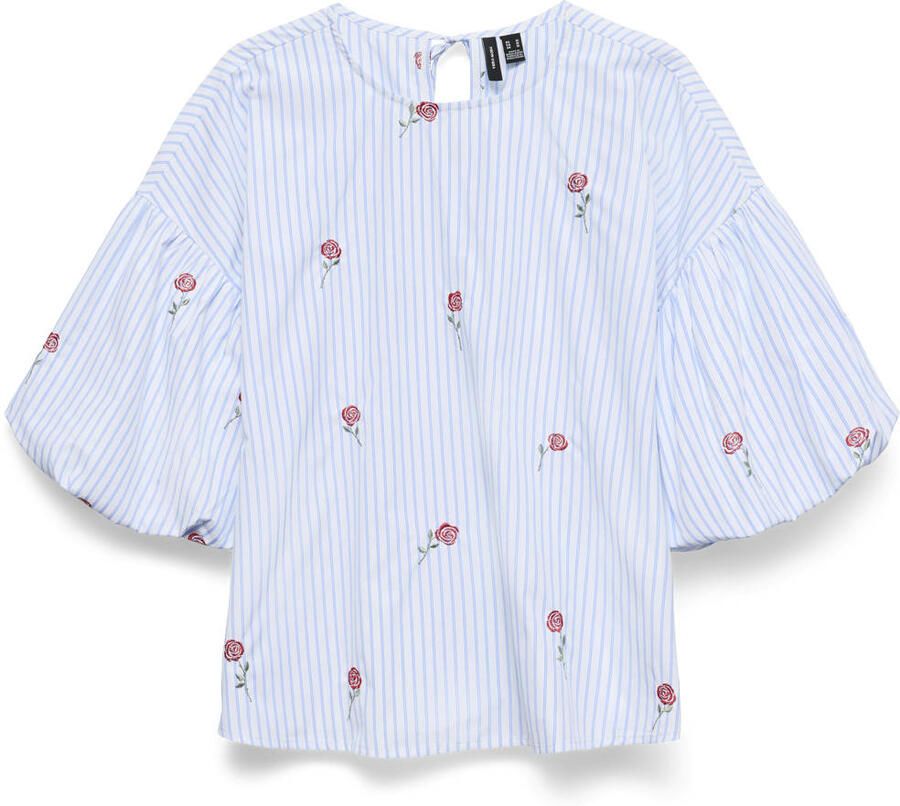 VERO MODA gestreepte top met borduursels lichtblauw