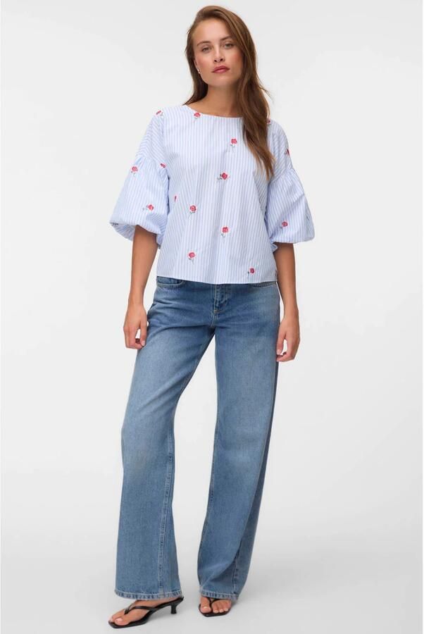 VERO MODA gestreepte top met borduursels lichtblauw