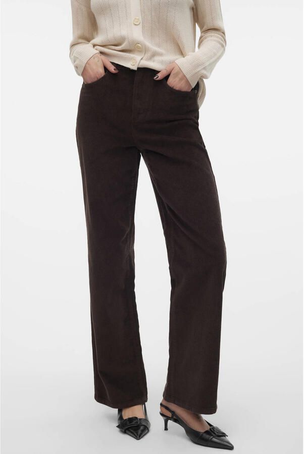 VERO MODA wide leg casual corduroy broek donkerbruin