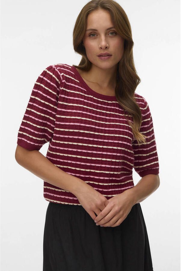 VERO MODA katoenen gebreide gestreepte trui met ajourdetails donkerrood