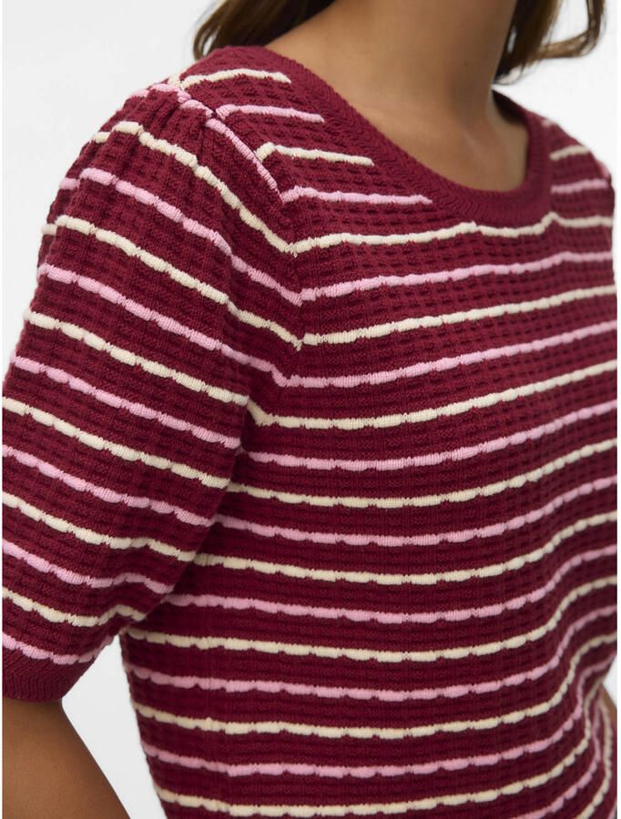VERO MODA katoenen gebreide gestreepte trui met ajourdetails donkerrood - Foto 2