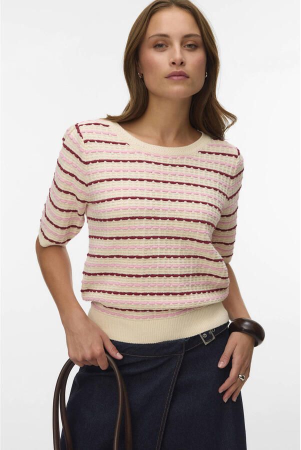 VERO MODA katoenen gebreide gestreepte trui met ajourdetails zand