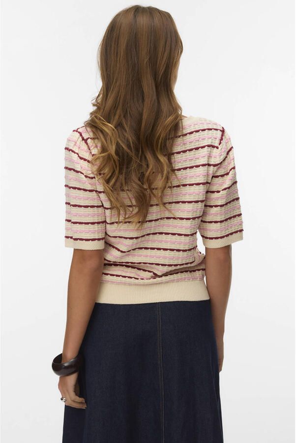 VERO MODA katoenen gebreide gestreepte trui met ajourdetails zand - Foto 2