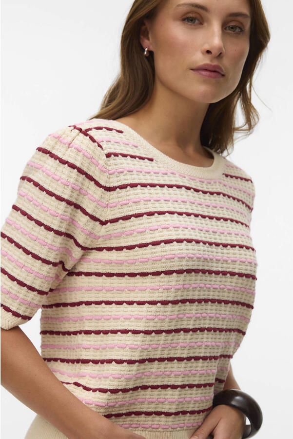 VERO MODA katoenen gebreide gestreepte trui met ajourdetails zand - Foto 3
