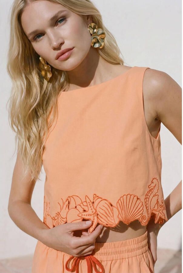 VERO MODA katoenen top met borduursels oranje - Foto 2