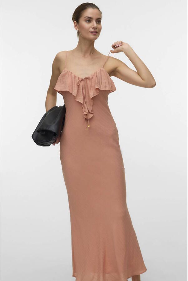 VERO MODA midi jurk met ruches lichtroze