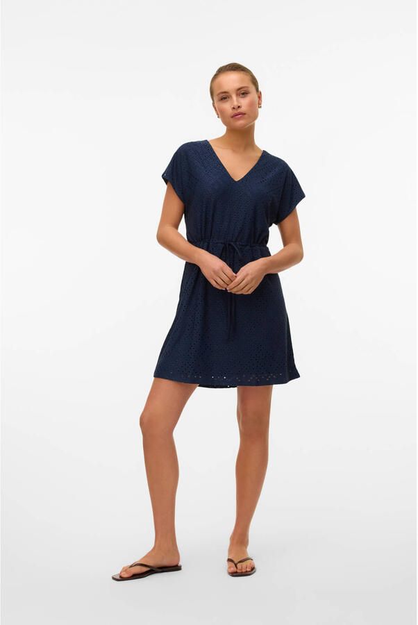 VERO MODA mini jurk broderie donkerblauw