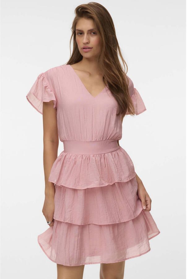 VERO MODA mini jurk met ruches oudroze - Foto 3