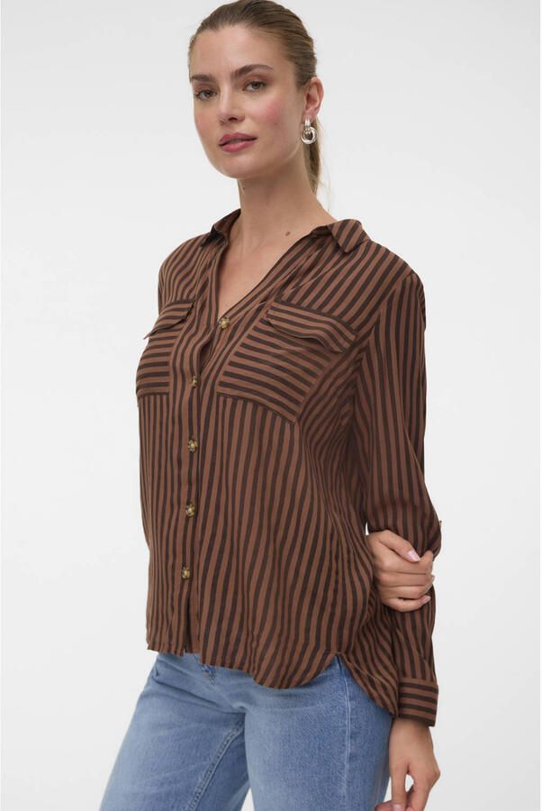 VERO MODA rechtvallende gestreepte blouse bruin