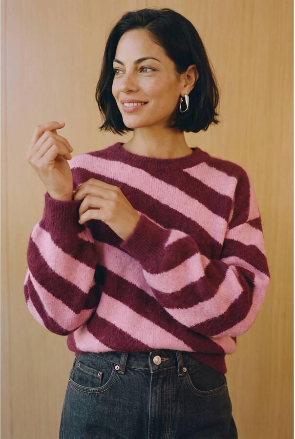VERO MODA rechtvallende gestreepte trui donkerrood roze