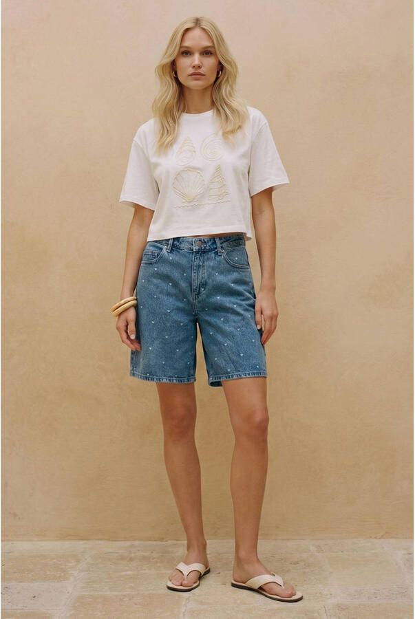 VERO MODA regular waist denim short met hartjes medium blue denim - Foto 3