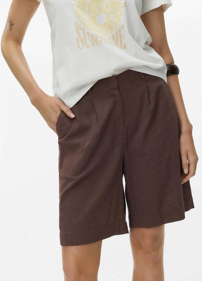 VERO MODA straight high waist bermuda short met linnen donkerbruin