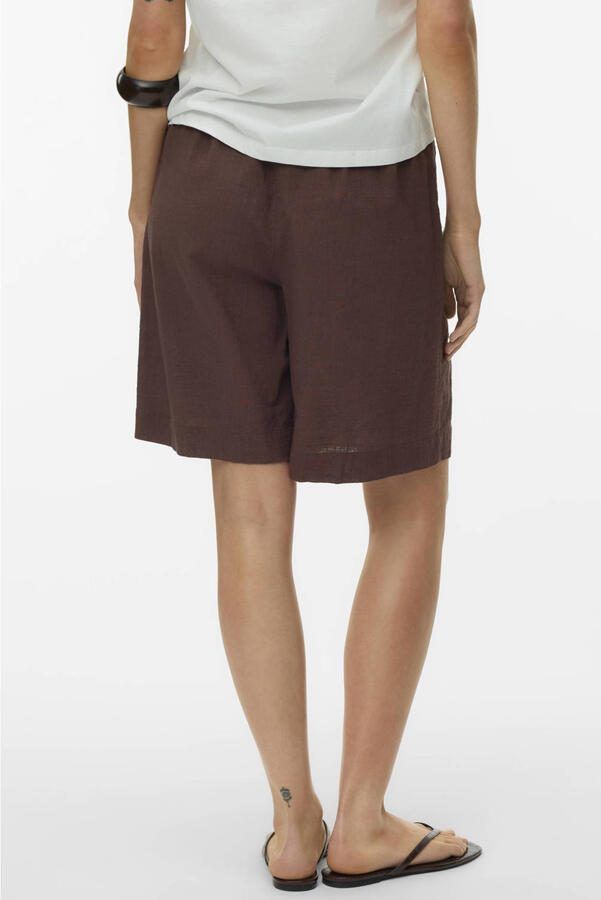 VERO MODA straight high waist bermuda short met linnen donkerbruin - Foto 3