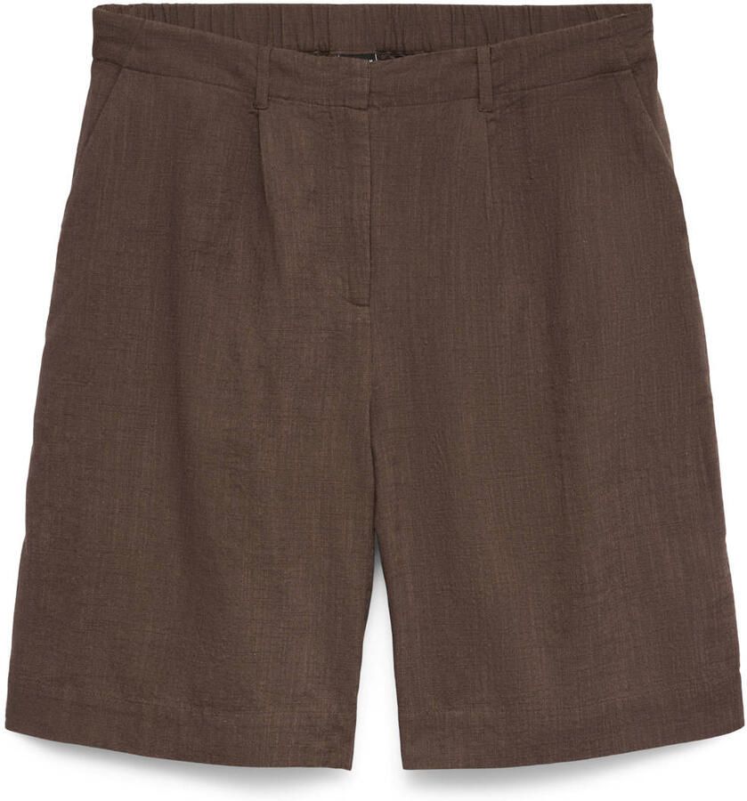 VERO MODA straight high waist bermuda short met linnen donkerbruin - Foto 2