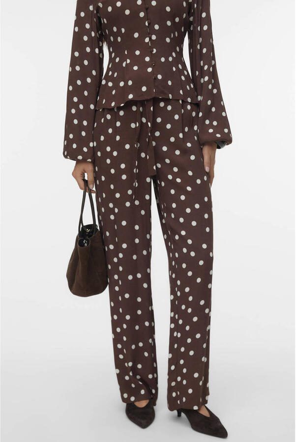 VERO MODA straight regular waist casual broek met stippen donkerbruin