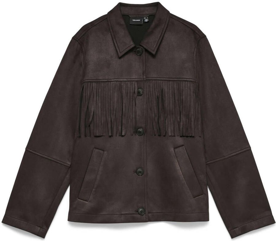 VERO MODA suèdelook jas met franjes donkerbruin
