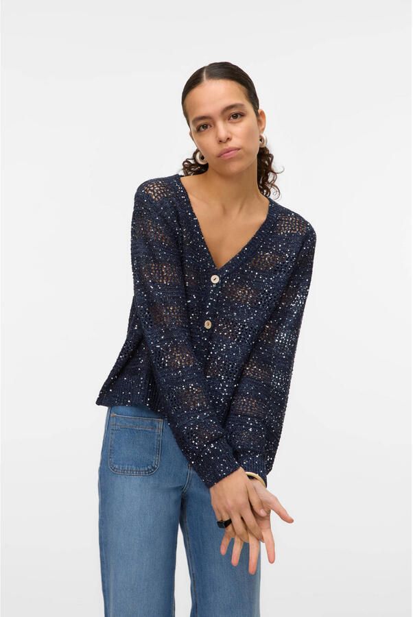VERO MODA vest donkerblauw fijn gebreid