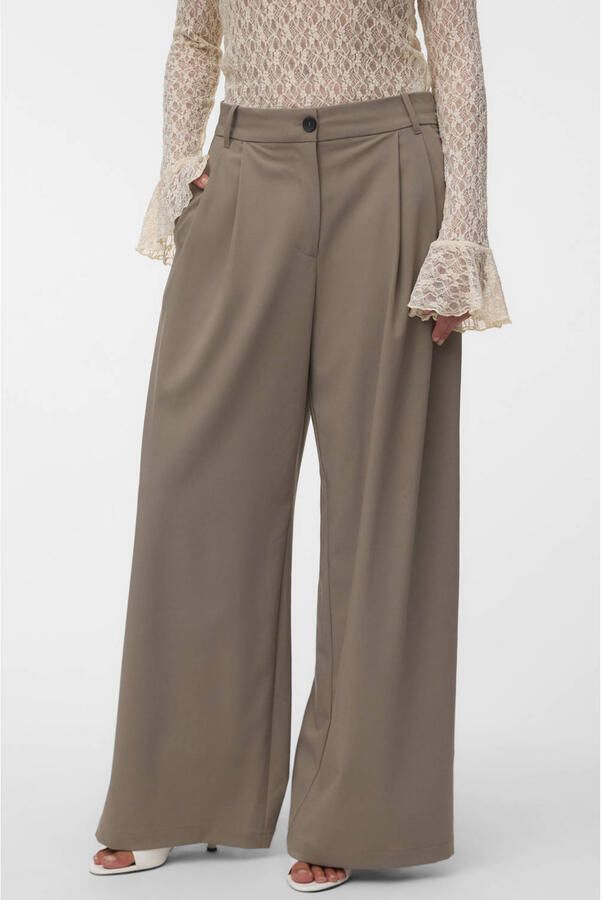 VERO MODA wide leg casual broek met plooien taupe