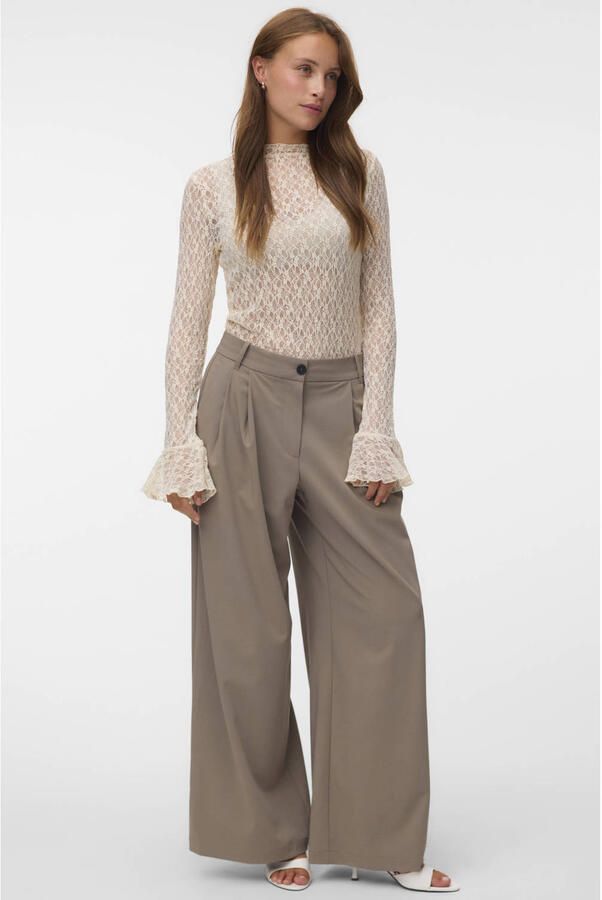 VERO MODA wide leg casual broek met plooien taupe - Foto 2