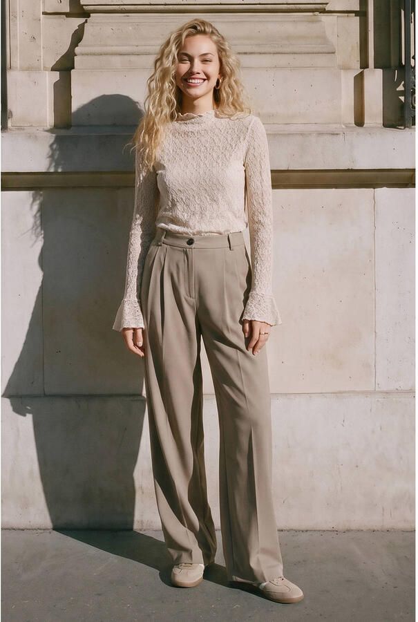 VERO MODA wide leg casual broek met plooien taupe - Foto 2