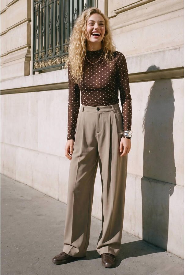 VERO MODA wide leg casual broek met plooien taupe - Foto 3